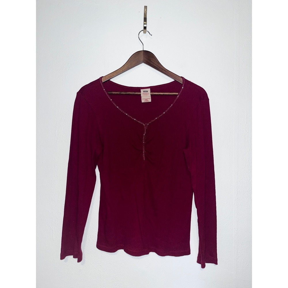 Faded Glory Originals Y2K 2000s Red Ribbed Rhinestone V-Neck Top Small 4/6